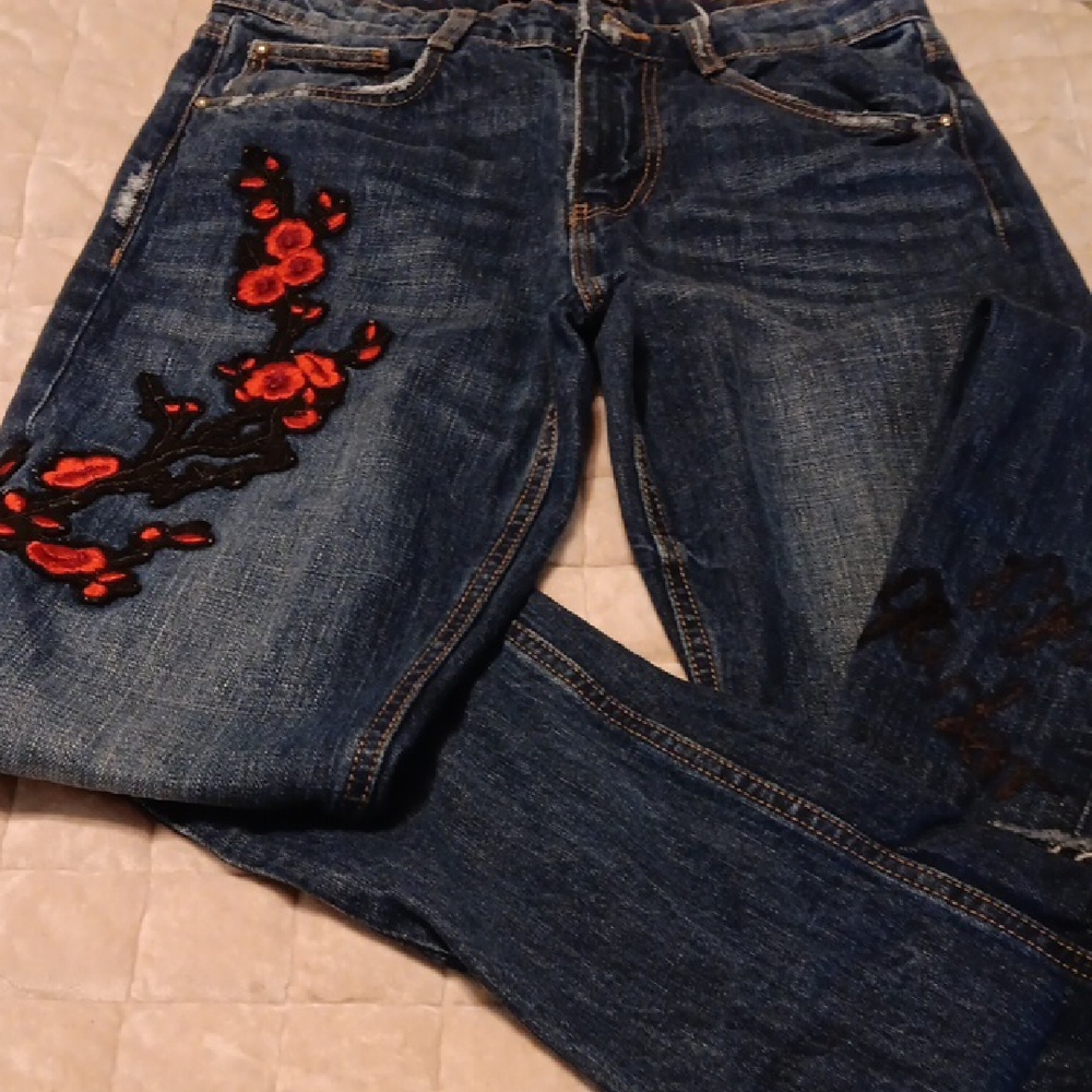 Embroidered Blue Jeans with Red Floral Design